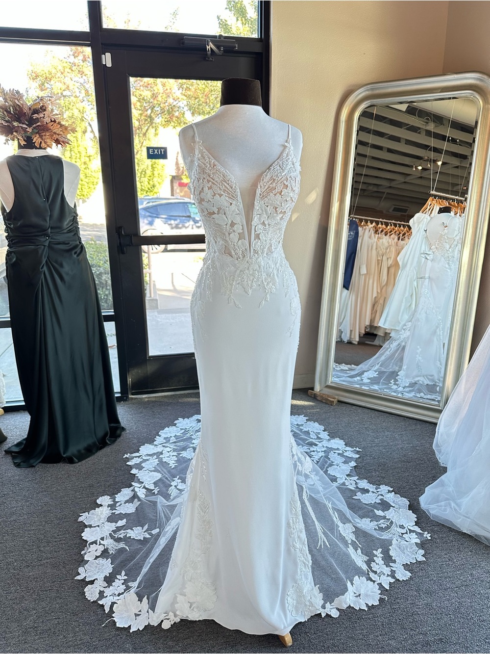 Samantha - Blue by Enzoani: Crepe Fit n Flare Wedding Dress with Floral Train